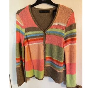 Crazy Horse Collection Colorful Cardigan Sweater Striped Colorblock Woman's Med.